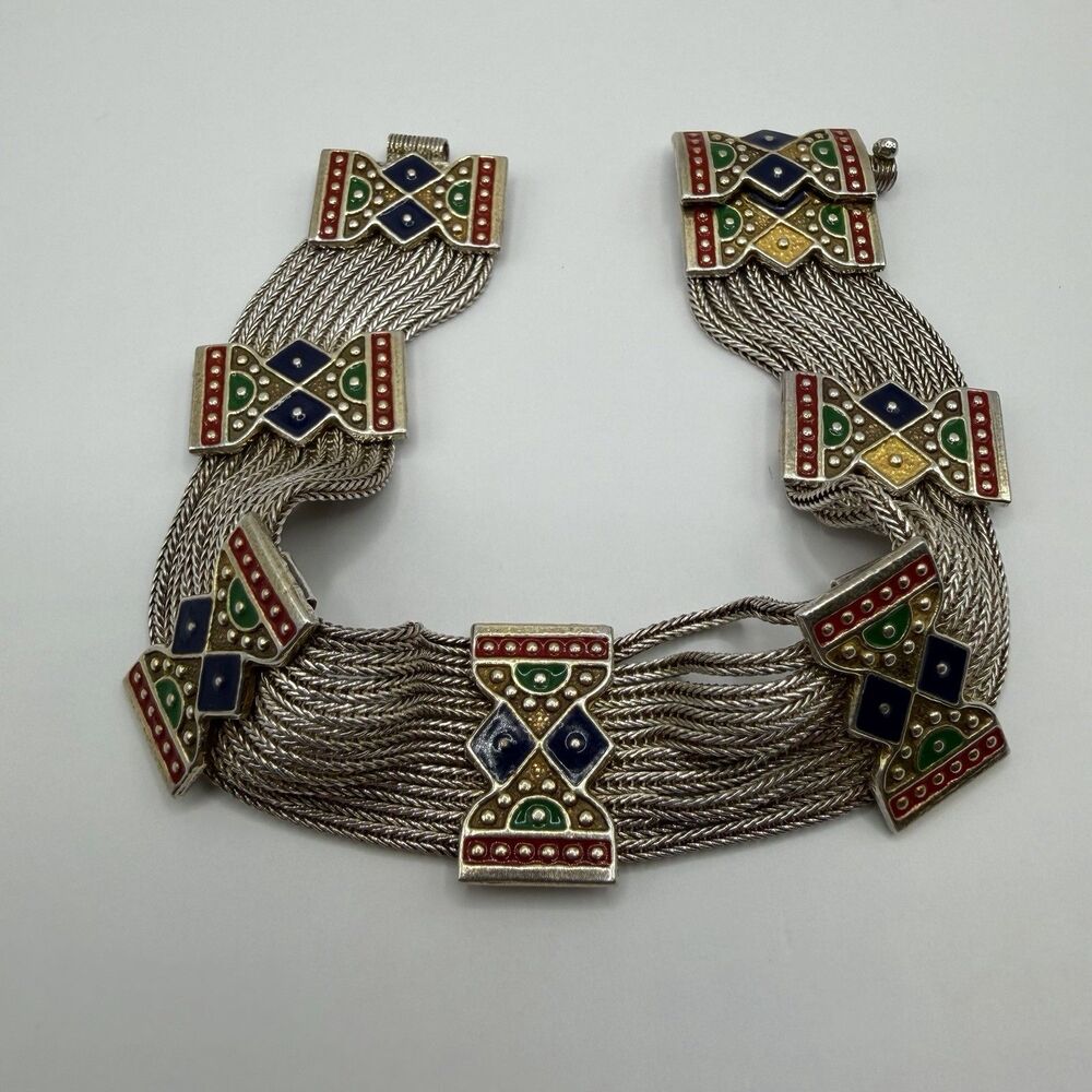 925 Sterling Silver Multicolor Enamel Multi Strand Statement Bracelet 7.5" 43.7g